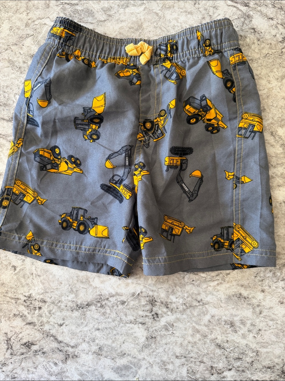 John Deere Gray Swim Trunks with Yellow Construction Print